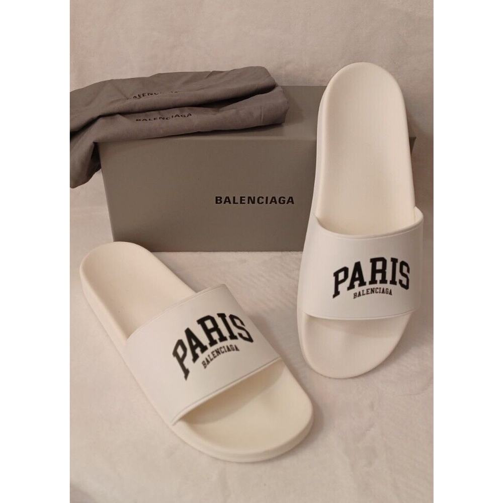 $395 Mens Balenciaga "Paris" Pool Slides Sandals White/Black US 14 EU 47 UK 13
